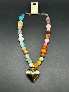 NWT Anthropologie Icon Multicolor Beaded Necklace with Gold Heart Pendant